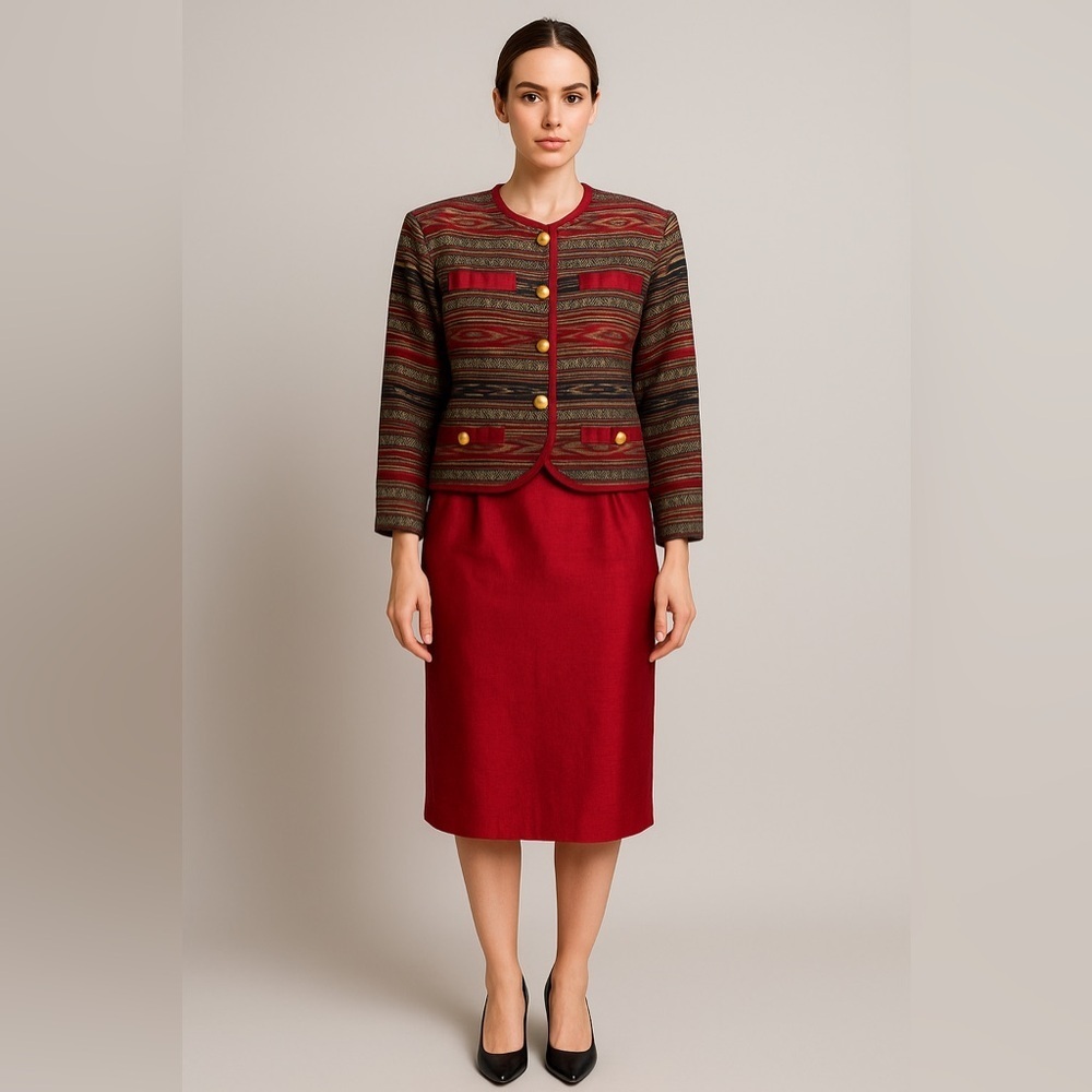 Vintage Thai Silk Skirt Suit Set Grand Products Red Gold L Handwoven